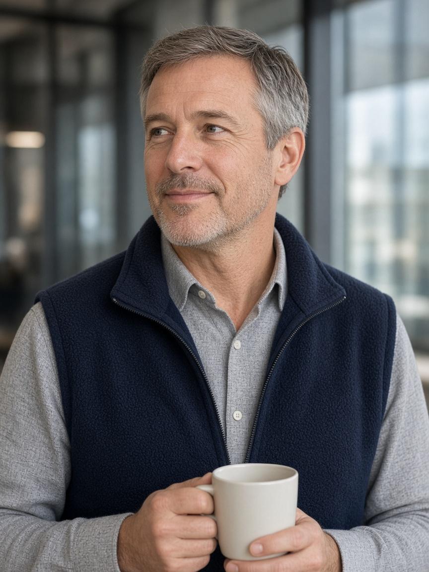 Gary, a middle-aged man in a fleece vest, holding a mug and looking off-camera
